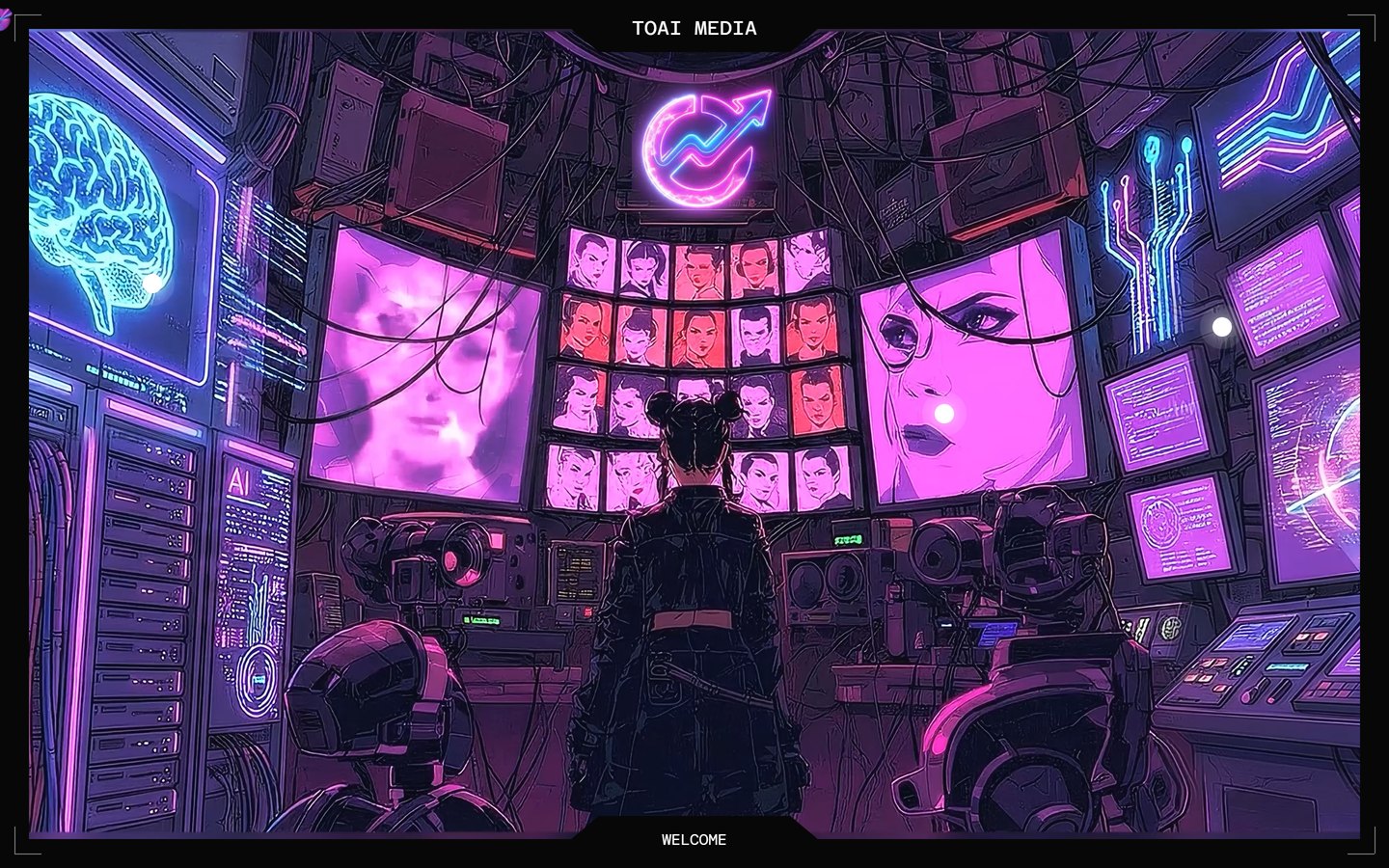 The ToAi Media control room, a neon lit room of monitors with an operator at the console