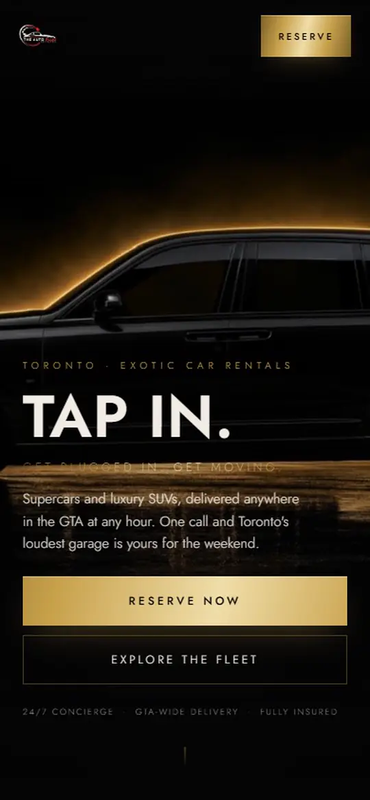 An exotic car rental house's site on a phone, a blacked out luxury SUV lit in gold