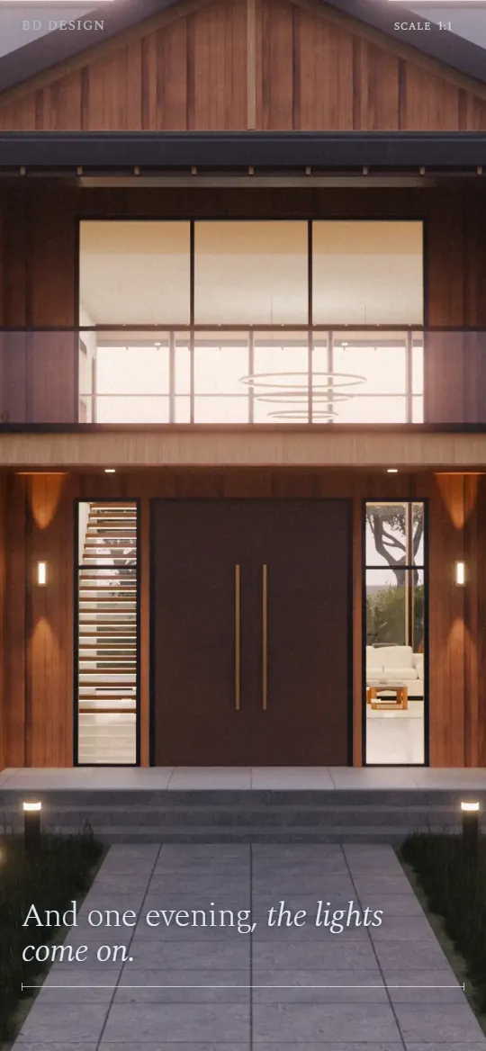 A design studio's launch site: the front door of the finished house at dusk